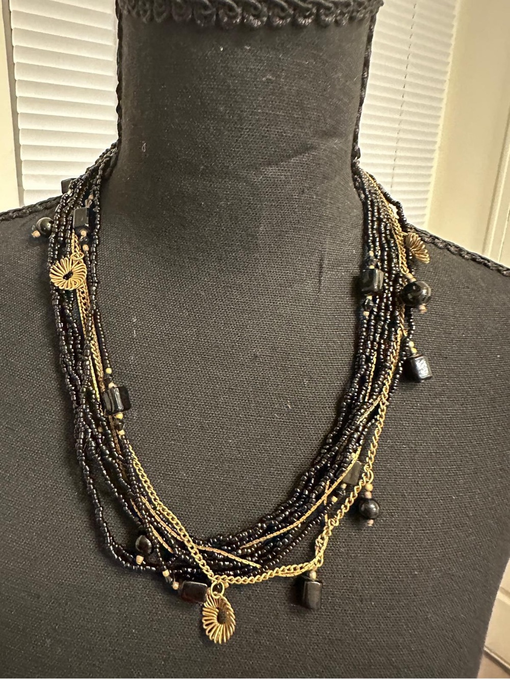 Boho Multi Strand Black Seed Bead Necklace Gold Tone Chain Charms Layered Statem